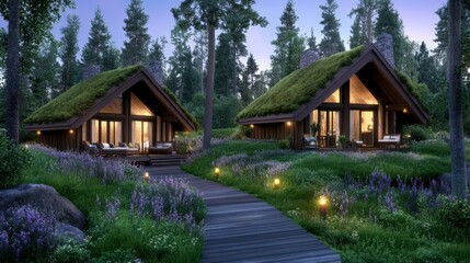 Two eco-style cabins with grass roofs and warm lighting nestled in a forest landscape at dusk, symbolizing sustainable living, nature retreat, and eco-tourism