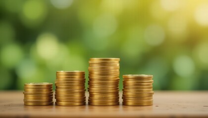 Stacks Of Shiny Gold Coins On Wooden Surface With Soft Green Background Blurring