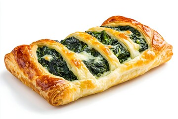 Golden brown puff pastry with spinach and cheese isolated on a white background
