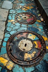 Fototapeta premium Colorful manhole covers on urban streets