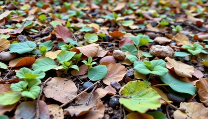 Rich Forest Floor A close up of a forest floor, filled with leaves, twigs, and small stones, showcasing vibrant greens and earthy browns.