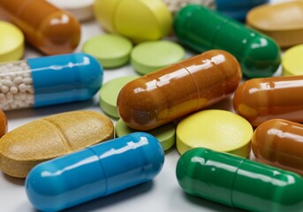Colorful Capsules and Tablets Close Up Shot. AI Generated