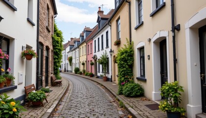 Fototapeta premium Cobbled Street A charming cobblestone street lined with quaint buildings, reflecting a classic and timeless aesthetic.