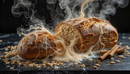 Steaming Oatmeal Bread with Milk Cascade