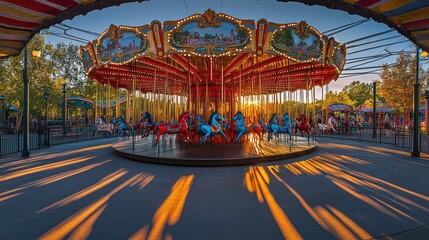 Carousel at sunset in park with people in background. Potential use tourism, travel, family fun