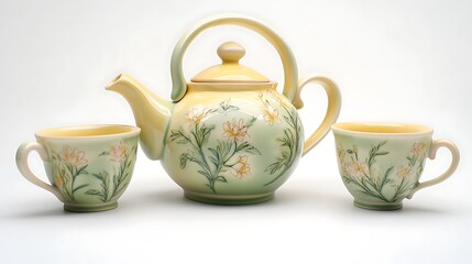 A graceful porcelain teapot showcasing hand-painted floral designs in pastel green and yellow, paired with matching teacups, intricate details and soft highlights on the glaze, solid 