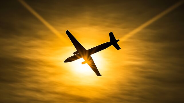 A silhouette of an airplane flying against a bright sunlit sky