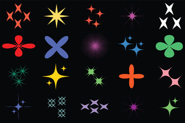 Set of colorful twinkle star icons on black background. Retro bright vector black icons collection. Twinkle star icon set on black background. Glowing multi color twinkle templates stars. 