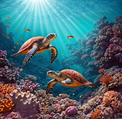 Obraz premium A sea turtle swims through a colorful reef, bathed in the soft, golden light of the setting sun. Generated AI.