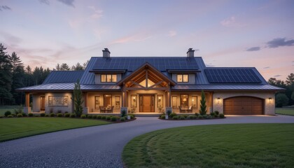 Stunning Modern Farmhouse Amid Lush Greenery at Dusk, Showcasing Architectural Details