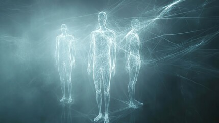 Dynamic formations of light beams and lines slowly converging together to create glowing human-like outlines in a soft misty haze