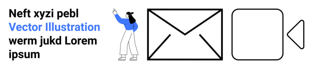 Woman pointing towards minimalist communication icons such as an envelope and video camera outline. Ideal for communication, messaging, video calls, media sharing, marketing, networking, tutorials