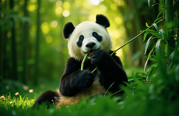 Obraz premium Giant panda eating bamboo in sunlit tranquil forest