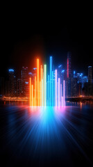 Bright city skyline illuminated by colorful light pillars at night