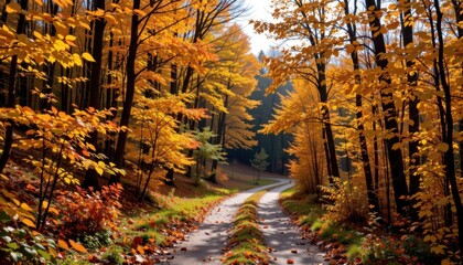 Obraz premium Sunlit Autumn Path A winding path in an autumn forest, covered with vibrant yellow, orange, and red leaves, illuminated by soft sunlight.