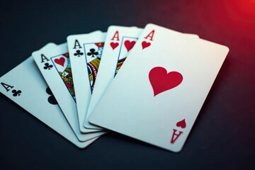 Playing cards arranged in a sequence showing an ace high, spades, flush