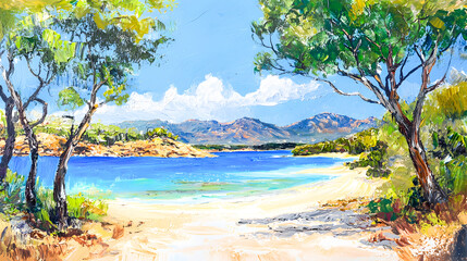 Serene Coastal Landscape with Lush Trees and Calm Waters