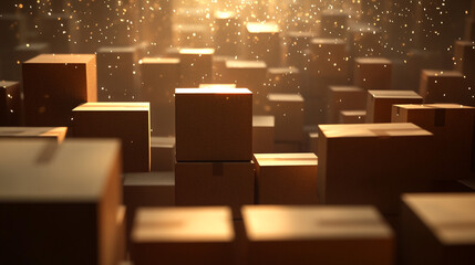 Fototapeta premium Numerous Cardboard Boxes in Warehouse Golden Light Logistics Shipping Delivery Concept