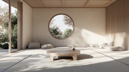 Modern Zen Room with Circular Window, Sunlit, Relaxing Space