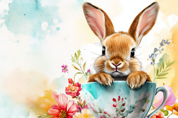 Brown bunny sitting in floral teacup with watercolor background