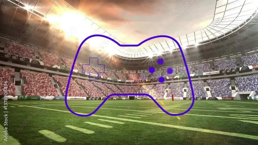 Poster animation of large game controller outline over field with cheering fans in stadium