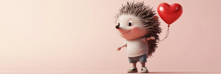 This adorable baby hedgehog, with a red balloon, radiates a cheerful and joyful mood, ideal for children stories, set against a soft pastel background, banner