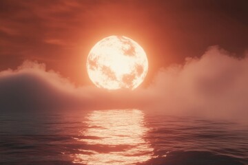 Fiery Moon Over Misty Ocean Sunset