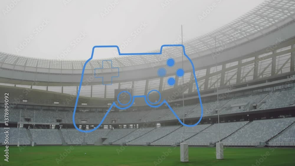 Poster large blue game controller outline over empty stadium seats and field