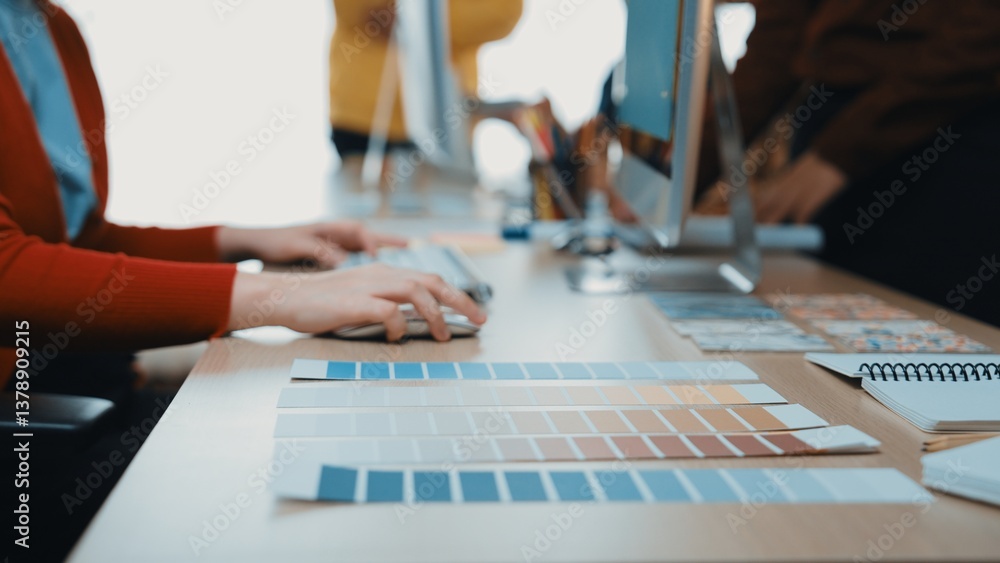 Aufkleber a dynamic creative workspace featuring color palettes and design tools, illustrating the collaborati