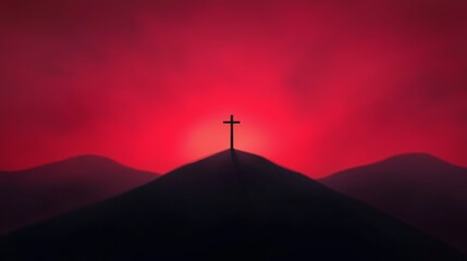 Easter Morning: The Cross silhouetted against the dawn sky, representing the sacrifice. Digital watercolor painting.