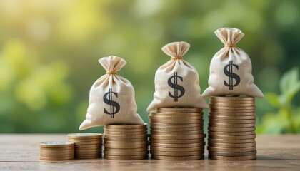 Three Burlap Money Bags on Stacked Coins Against a Green Background in Natural Light?,