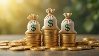 Three Money Bags on Stacks of Golden Coins with Natural Background and Soft Lighting?,