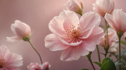 Soft pink flowers bloom gracefully in a serene garden during the warm afternoon sunlight