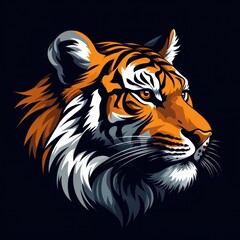 Majestic tiger head illustration showcasing vibrant orange and black markings against a dark background