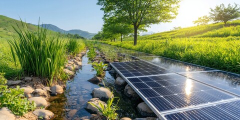 Solar Panels by a Sunny Stream in a Lush Green Landscape