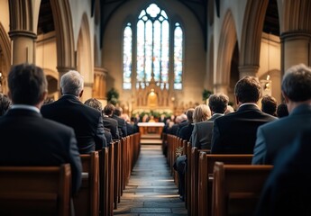 A church interior with rows of pews facing an altar, vibrant stained glass windows casting colored light, solemn atmosphere, longitudinal architectural perspective, detailed religious decor