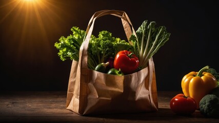 Fresh vegetables in a paper bag illuminated by warm light on a wooden table