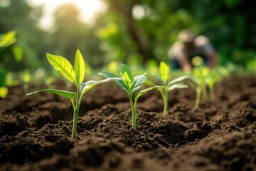 Freshly Planted Seedlings in Farmland, Gardener in Background