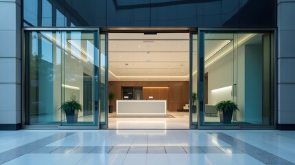 Glass Entrance of Corporate Office Building with Automatic Doors