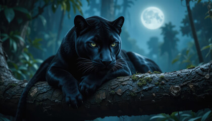 Obraz premium Glossy Black Panther on Tree Branch – Cinematic Wildlife in Silver Light