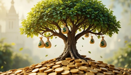Tree With Money Bags And Golden Coins In Lush Green Park With Bright Sunlight  