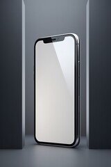 Modern smartphone displaying a sleek design, illuminated in a minimalist setting with soft lighting and contrasting shadows