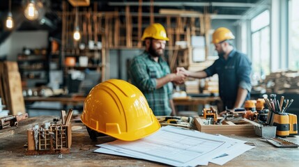 Two workers shaking hands in workshop