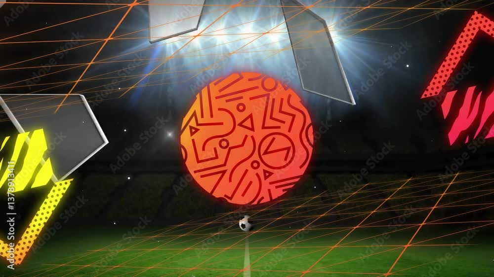 Poster glowing lights creating animation of abstract geometric patterns on soccer field