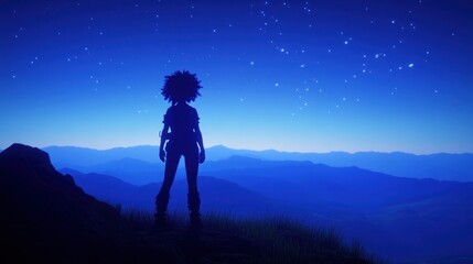 Fototapeta premium Silhouette woman on mountaintop at night gazing at starry sky