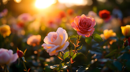 A field of vibrant summer roses, each bloom bursting with bright shades of pink, red, and yellow, set against a sunlit sky and green foliage.A field of vibrant summer roses, each bloom bursting with b