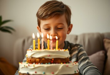 Photorealistic natural light portrait of a child blowing out birthday candles