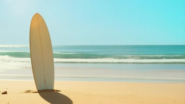 Surfboard standing on the sandy beach with clear blue skies and calm ocean waves
