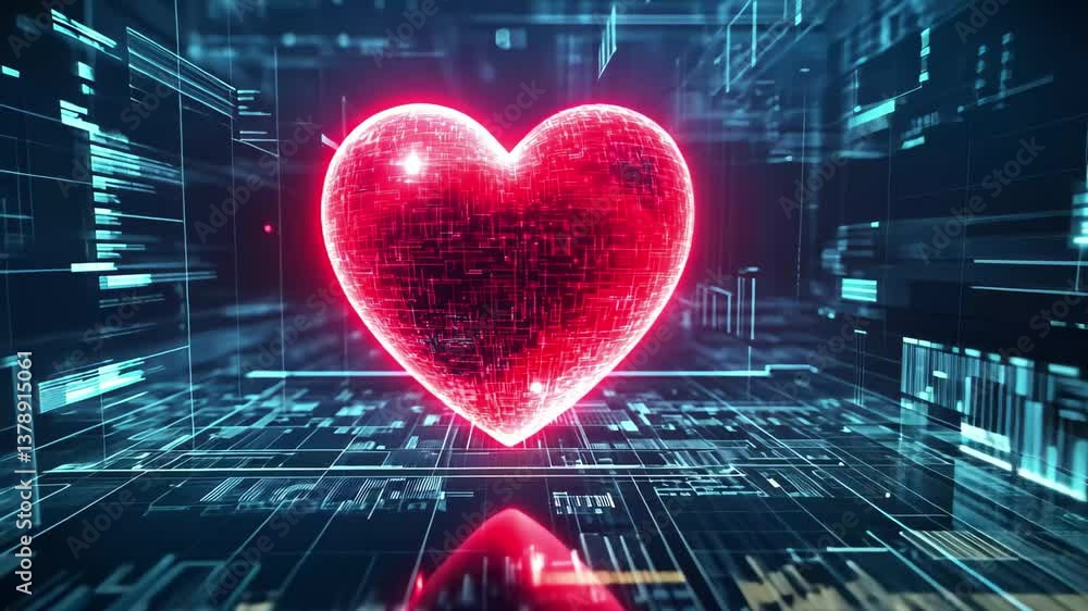 Poster glowing digital heart in futuristic cyberspace surrounded by vibrant holographic data streams and st