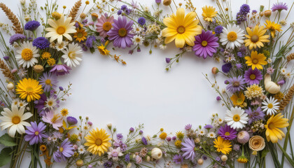 Vibrant Wildflower Frame on White Background